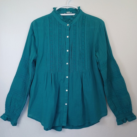 Sundance Teal Blue Cotton Pintuck Lace Ruffle Neck Blouse Small - Picture 10 of 10